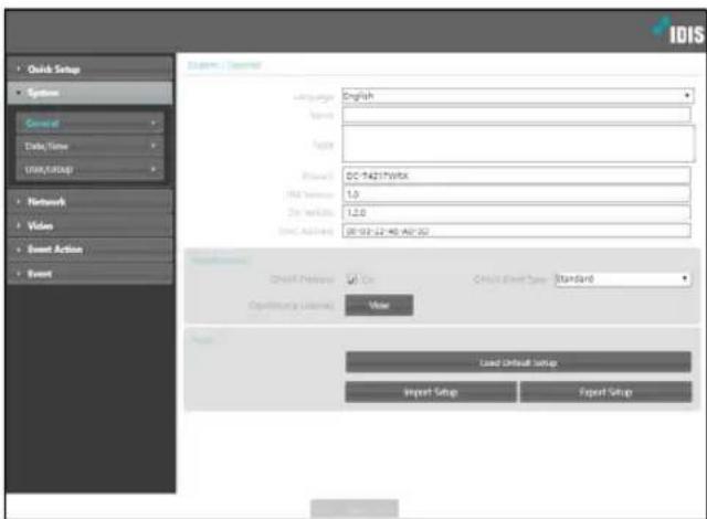 Quick Setup Options General Data Time User/Setup Network Video Event Action Event System / Calendar Language: English Name: Page: Project: DC-1421*WFX USB Services: 1.0 Zn website: 12.0 SNC Address: 08192-22-46-AE-32 Order Presets: On Order Direct Type: Standard Operation Buttons: Value Load Default Setup Import Setup Export Setup