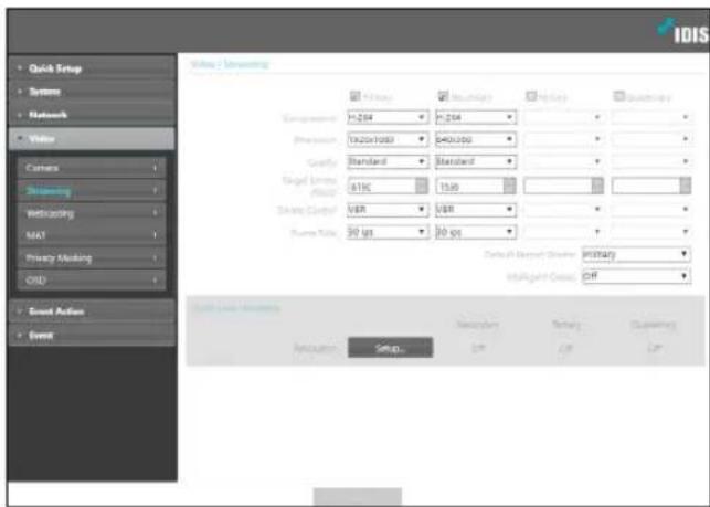 Quick Setup System Network Video Camers Screening Weldacing MAT Privacy Making CRE2 Event Action Event IDIS Survey Screening Component: H:204 Precision: TA:25x1000 Quality: Standard Target Summary: AISC Data Control: VBR Frame Tools: 30 fps Frequency: 1.204 Average: $40,000 Standard: $40,000 Standard: $40,000 Standard: $40,000 Standard: $40,000 Standard: $40,000 Standard: $40,000 Standard: $40,000 Standard: $40,000 Standard: $40,000 Standard: $40,000 Default Survey Details Primary #All-Point Group OFF Quick Event Settings Subscription: Temporary: Customity: Recall: Setup... OK Cancel