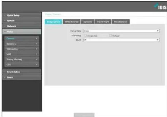 Quick Setup System Network Value Current Screening Web-reading MAT Binary Monitoring GSD Event Action Event Visual / Dynamic Image Sensor Static Scanup Exposure Day & Night Modulation Alpha Rate: 20 px Manning: Horizontal Vertical Split: Off IDIS