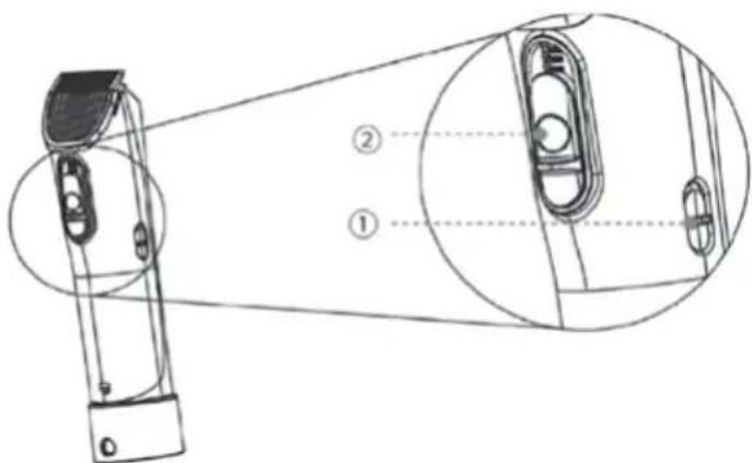 Technical diagram of a device with labeled parts, showing front and side views with numbered annotations.