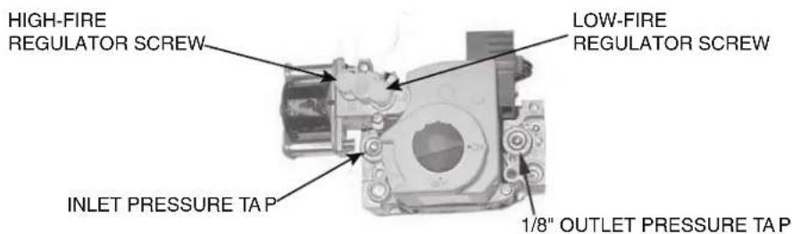 HIGH-FIRE REGULATOR SCREW INLET PRESSURE TAP LOW-FIRE REGULATOR SCREW 1/8" OUTLET PRESSURE TAP