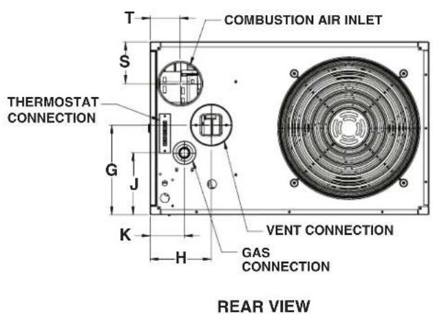 T COMBUSTION AIR INLET S THERMOSTAT CONNECTION G J K H VENT CONNECTION GAS CONNECTION REAR VIEW