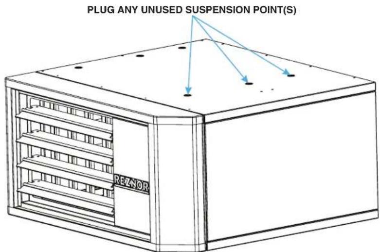 PLUG ANY UNUSED SUSPENSION POINT(S) REZNOR