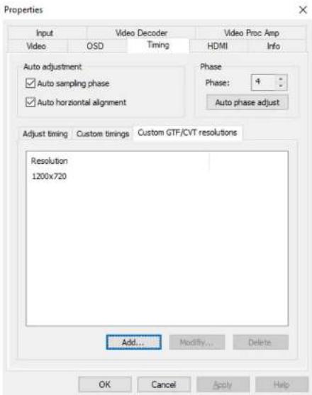 Properties Input Video Decoder Video Proc Amp Video OSD Timing HDMI Info Auto adjustment ✓ Auto sampling phase ✓ Auto horizontal alignment Phase Phase: 4 Auto phase adjust Adjust timing Custom timings Custom GTF/CVT resolutions Resolution 1200x720 Add... Modify... Delete OK Cancel Apply Help