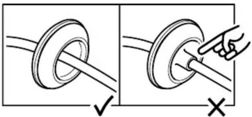 Diagram showing two steps of a hand holding a ring, with checkmark and cross symbols indicating correct and incorrect states.
