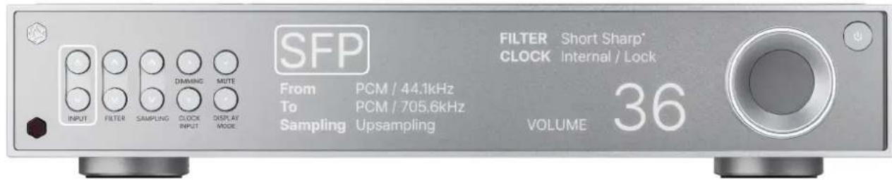 SFP FILTER Short Sharp* CLOCK Internal / Lock From PCM / 44.1kHz To PCM / 705.6kHz Sampling Upsampling VOLUME 36