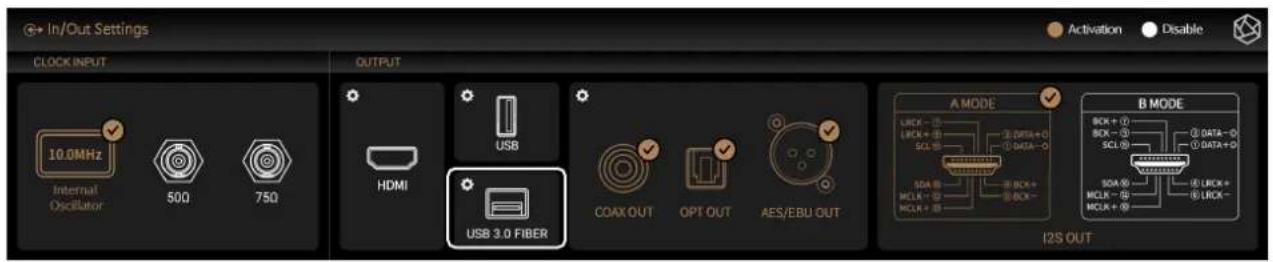 In/Out Settings CLOCK INPUT 10.0MHz Internal Oscillator 500 750 OUTPUT HDMI USB USB 3.0 FIBER COAX OUT OPT OUT AES/EBU OUT A MODE LICK - 1 LICK + 1 SCL - 1 SOA - 1 MCLK - 1 MCLK + 1 B MODE BCK + 1 BCK - 1 SCL - 1 SOA - 1 MCLK - 1 MCLK + 1 I2S OUT Activation Disable