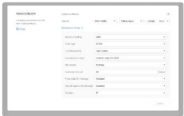 MAIN STREAM Config: permodes for the main programming C4 Crop Action preference Output 1922-0080 follow input 20480 Box Advanced settings # Chain rendering: CDR Code type: 4.364 Loading profile: High profile Compression range: Limited range (5x 20%) All models: Folding Functional settings: 80 items Time-code ST message: Disabled Cloud capture ST message: Disabled Rotation: 0° Assn