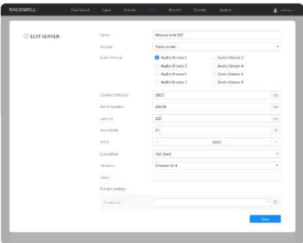 RACEWELL Edit SERVLR Name: Wavza mini SRT Music Main screen Audio Stream 1 Audio Stream 2 Audio Stream 3 Audio Stream 4 Audio Stream 5 Audio Stream 6 Audio Stream 7 Audio Stream 8 Connect thread: 3000 ms Body number: 10000 ms Latency: 120 ms Bandwidth: 25 % MTU: — 1696 % Disruption: MAC Used % Networks: Ethernet port Users Python strings Python to: Name