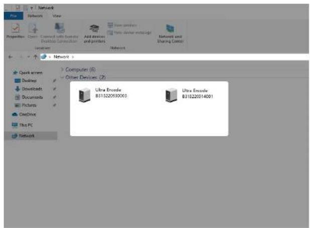 Network File Network View Properties Access: Connected to System Position Connection Add devices and providers New problems Home Direct Wireless Internet Network and Sharing Center Network Quick access Desktop Download Documents Pictures Delete This PC Network Computer (8) Other Devices (2) Ultra Encode B313220630003 Ultra Encode B313220514001