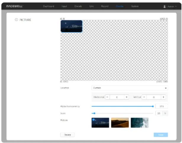 RACEWELL Dashboard Input Encode Live Record Overlay System Admin © PICTURE R: 0 1920.0 R: 1000 1920.1000 Location Custom Horizontal - - - Vertical - - - + Alpha transparency 25% Scale 20 % Picture Delete Save