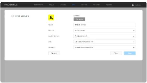 MAGEWELL Dashboard Input Linko Link Record Overlay System Edit SERVER sysw855 Re-vegar Name Twitch Server Stream Main stream Availa Stream 1 URL US East New York, NY Network Mobile broadcast first Delete Text Save