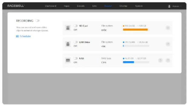 RACEWELL Data Guard Input Remove Live Balance Overlay System Action RECORDING You can record and save video clips to extend storage spines. Scheduler SD Card Off File system ordC 111.26 GB / 4.89 GB USB Drive Off File system vUG 297.36 MB / 28.96 GB NAS Off NAS type OPS 4.31 GB / 0.24 GB