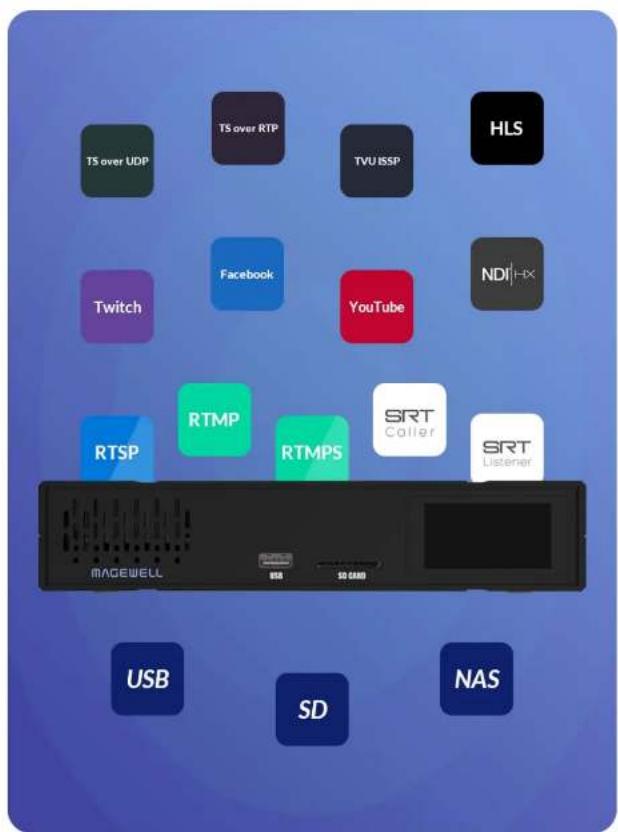TS over UDP TS over RTP TVU ISSP HLS Twitch Facebook YouTube NDI RTSP RTMP RTMPS SRT Coler SRT Listener MAGEWELL USB SD CARD USB SD NAS