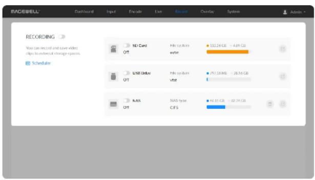 RACEWELL® Dashboard Input Encode Live Record Overlay System Admin RECORDING You can record and save video clips to external storage space. Schedule SD Card Off File system addr 112.24 GB - 4.89 GB USB Drive Off File system vbit 757.16 MB - 26.56 GB NAS Off NAS type CFS 46.31 GB - 60.74 GB