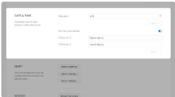 DATE & TIME Set project time for your amounts to line and record. Time zone UTC Set time automatically TCP server 1 Open firing TCP server 2 Open firing Reset Reset of settings Import settings... Export settings... RESET Add the break