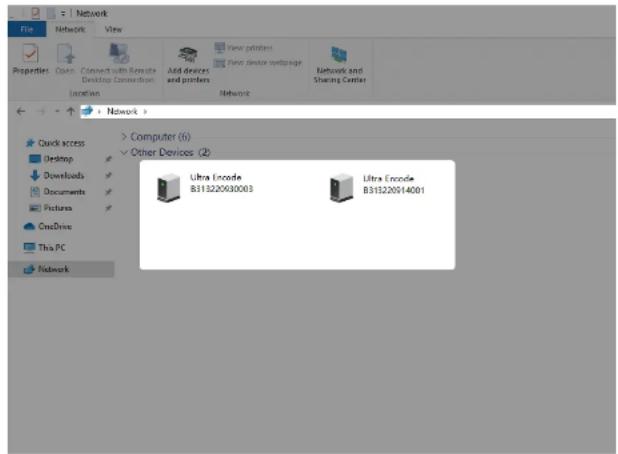 Network File Network View Properties Couch Connect to Remote Desktop Connections Add devices and printers View printers New device webpage Network and Sharing Center Location Network > Quick access Desktop Downloads Documents Pictures OneDrive This PC Network > Computer (6) Other Devices (2) Ultra Encode B31320014001 Ultra Encode B31320014001