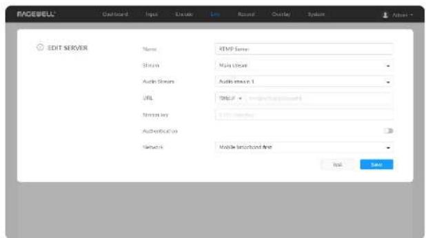 FACEWELL® Dashboard - Top Include - Live Record Overlay Systems Alert EDIT SERVER Name RTM Server Stream Main Stream Audio Stream Audio stream 1 URL Default - (access:rtmserver) Stream key RTM network Audio/SSL Networks Mobile localhost key Add Save