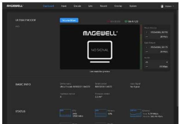 MAGEWELL® Dashboard Input Encode Live Record Overlay System Units ULTRA ENCODE AVG Volume Meter 06/14/23 MAGEWELL® NO SIGNAL Low signal power Basic INFO Service name: URO 57048 8138221116029 Serial version: 8813071114072 Signal Signal No 5 power Baseline version: B Premium version: 3.3.48" STATUS CPU: 24% $200 MHz Capacity: 30% Advanced Time: 1.59 MHz Performance: 200/Hz/Hz
