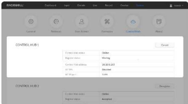 BALBELL Cashflow Input Encode Live Record Overcall Online General Networks User Accounts Hardware Control Hub About CONTROL HUB 1 Cancel Control Hub status Online Register status Writing Control Hub address 10.10.0.207 HCTM Checked HCTM per 1 1544 CONTROL HUB 2 Describe Control Hub status Online Register status Accepted