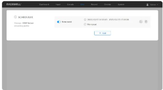 SCHEDULER Manage RISP Server demanding profile New event 2022/12/15 16:30:20 - 2022/12/15 17:30:20 No repeat + Add
