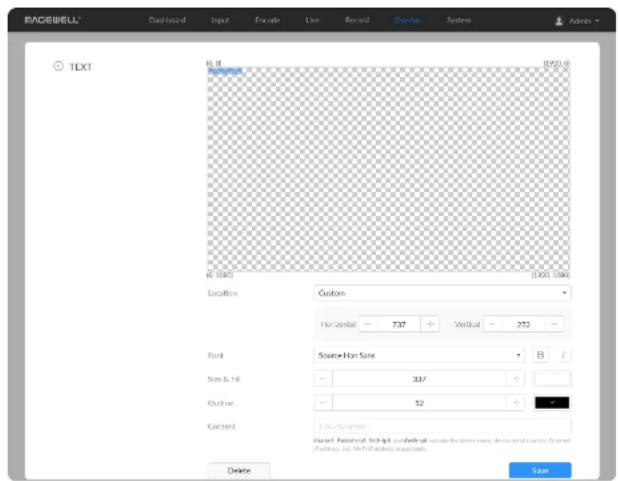 FACEWELL Dashboard Input Encode Live Record Override Systems Admin TEXT R: 01 Description R: 1040 (1201.0) Location Custom Horizontal 737 Vertical 273 Font Source: Han Sune B / Size & Fill 337 Outline: 52 Content 1.00% Recognition. Export: Residual Script and Referral to indicate the device name, device serial number, Transaction Address, and PDF address requirements. Delete Save