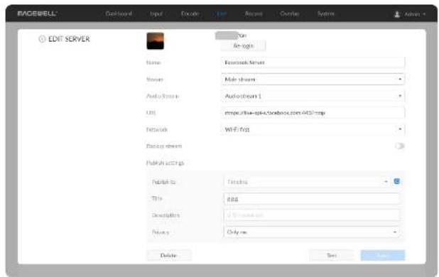 RACEWELL Dashboard Input Encoder View Record Output System Edit SERVER Name: Rasmack Server Stream: Main stream Audio Stream: Audio Stream 1 URL: https://blue-epk/Soolbox.com/432-mp Network: WiFi/Alt Resource stream Publish settings Public to: Printing This: 888 Descriptions: A: 600000000000000000000000000000000000000000000000000000000000000000000000000000000000000000 Private: Delete Set Save