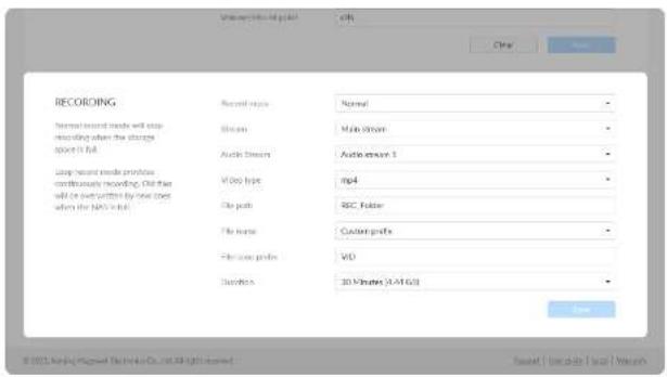 RECORDING Record name Normal Normal record mode will stop recording when the storage space is full Audio Stream Audio stream 1 Loop record mode provides continuously recording. Did that will be overwritten by new items when the MRS is full Video list mp4 File path RSC Folder File name Custom profile Flash name VDD Duration 30 Minutes (5:45:6:1) Save