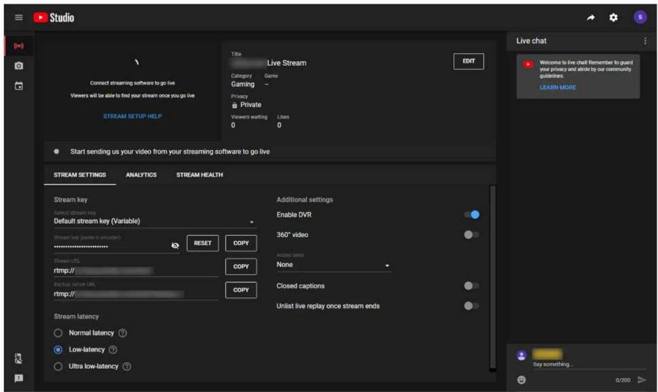 Studio Connect streaming software to go live Viewers will be able to find your stream once you go live STREAM SETUP HELP Title: Live Stream Category Game Gaming Privacy Private Viewers waiting Likes 0 0 Start sending us your video from your streaming software to go live Stream settings ANALYTICS STREAM HEALTH Stream key Select stream key Default stream key (Variable) Stream key (paste in encoder) ************** Stream URL rtmp// Backup server URL rtmp// Additional settings Enable DVR 360* video Added delay None Closed captions Unlist live replay once stream ends Stream latency Normal latency ? Low-latency ? Ultra low-latency ? Say something... 0/200