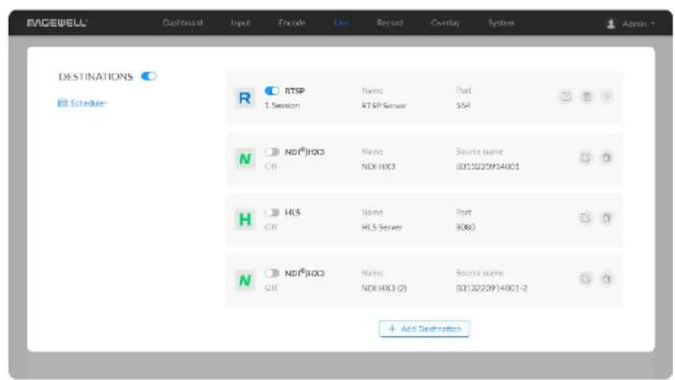 RACEWELL Dashboard Input Encode Live Record Overlay System Admin DESTINATIONS Scheduler R RTSP 1 Session Name RTSP Server Port SSA N NDSI®/HX3 Off Name NDX-HX3 Source name: 0012020914001 H HLS Off Name HLS Server Port 8065 N NDSI®/HX3 Off Name NDX-HX3 (2) Source name: 0012020914001-2 + Add Destination
