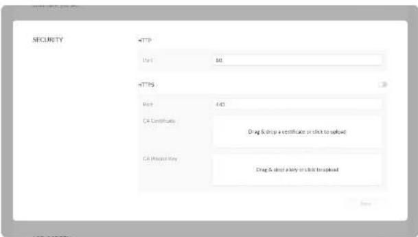 SECURITY HTTP Url: 56 HTTPS Key: 443 CA Certificates (Drag & drag a certificate or click to default) CA Match Key (Drag & drag a link to click to spread)