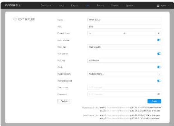 RACEWELL® Dashboard Input Delete Dis Record Overlay System Edit SERVER Name R35F Server Port: 104 Connections - + - Main menu Main key: main account Sub key: sublease Audio Audio Stream Audio stream 1 Authentication One name: One name: Size Main Stream (URL): https://www.rsc.org/10.10.13.160.254 mainstream http://www.rsc.org/10.10.13.160.254 mainstream Sun Stream URL: https://www.rsc.org/10.10.13.160.254 mainstream http://www.rsc.org/10.10.13.160.254 mainstream