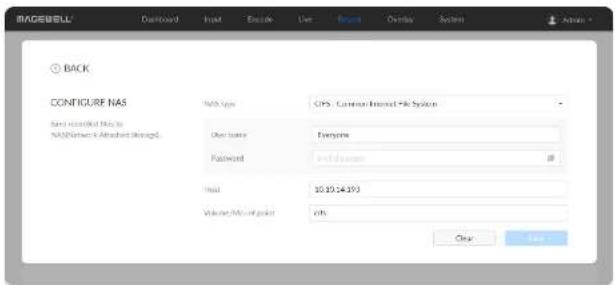 RADWELL Default Insert Delete Live Finish Overlay System + Add to - BACK CONFIGURE NAS Name: accorded No. to NAS(See E-Attached Settings) Web Type: GPS - Common Internet +& System User name: Everyone Password: Install... Host: $10.04.193 Volume/Number point: of5 Copy Save