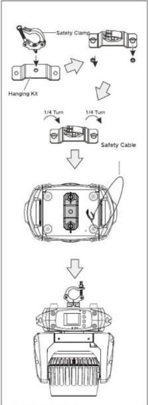 graph TD A["Hanging Kit"] --> B["Safety Clamp"] B --> C["1/4 Turn"] C --> D["Safety Cable"] D --> E["Top view of vehicle with internal components"] E --> F["Bottom view of the robot with sensor and motor"]