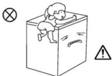 Safety warning illustration showing a child falling inside a cube with incorrect symbols for failure and hazard.