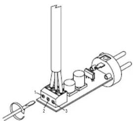 Technical diagram of a mechanical device with labeled components and wiring connections