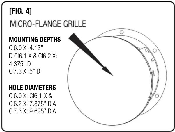[FIG. 4] MICRO-FLANGE GRILLE MOUNTING DEPTHS CI6.0 X: 4.13" D CI6.1 X & CI6.2 X: 4.375" D CI7.3 X: 5" D HOLE DIAMETERS CI6.0 X, CI6.1 X & CI6.2 X: 7.875" DIA CI7.3 X: 9.625" DIA