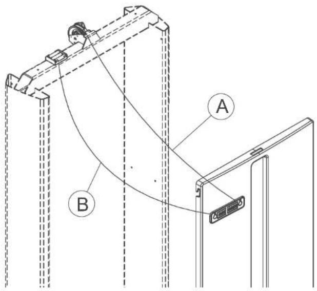 Technical diagram showing structural components labeled A and B with dashed alignment lines and a curved arrow indicating direction or force.