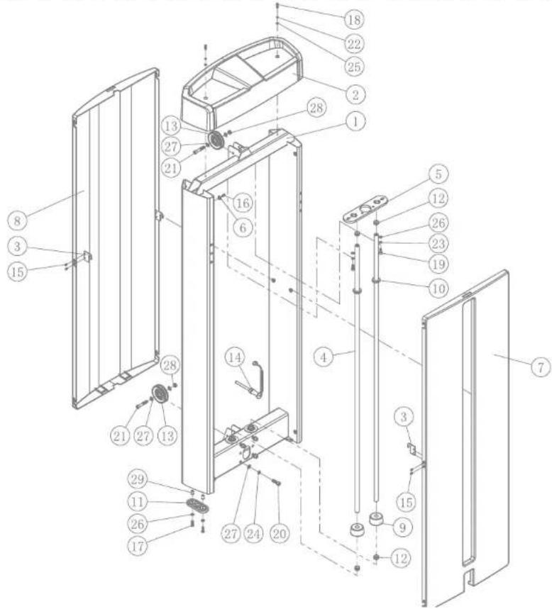 Exploded view diagram of a refrigerator internal structure with numbered components for identification