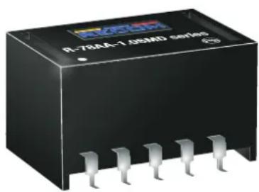 Close-up of a black R-78AA-T103MD series electronic component with metallic pins (no visible text or symbols on body)