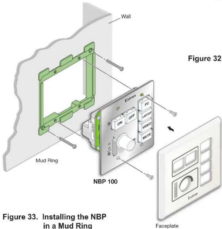 Wall Mud Ring NBP 100 Figure 32. EXTRON PC ON OFF LIPTOP VIDEO MUTE EXTRON Faceplate Figure 33. Installing the NBP in a Mud Ring