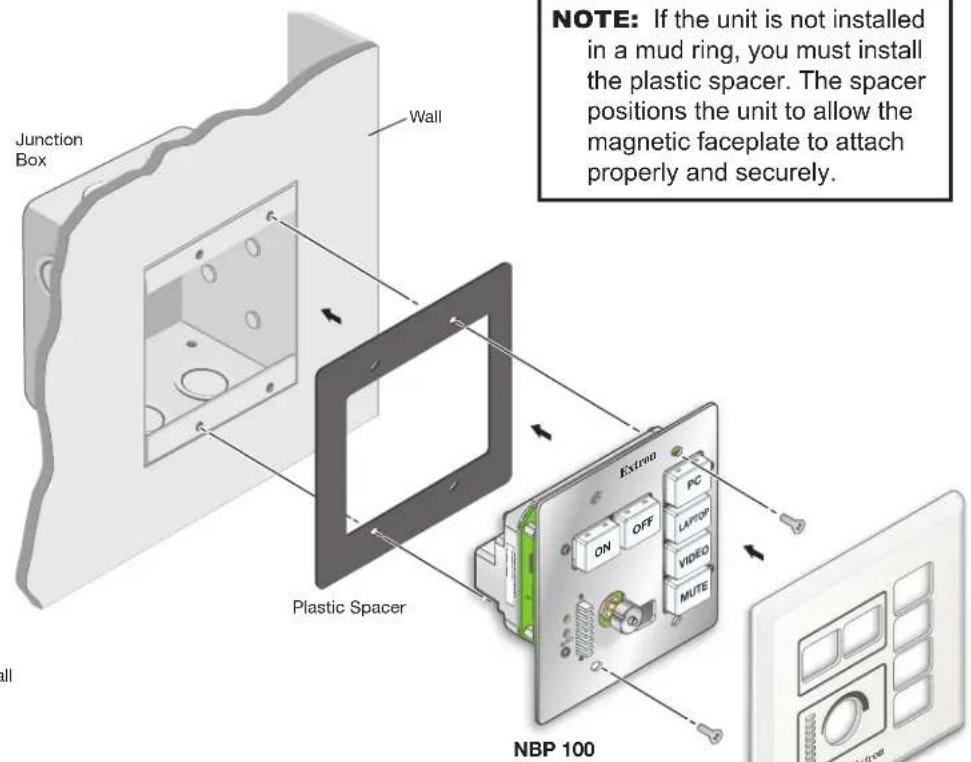 Junction Box Wall Plastic Spacer EXTRIB PC ON OFF LAPTOR VIDEO MUTE NOTE: If the unit is not installed in a mud ring, you must install the plastic spacer. The spacer positions the unit to allow the magnetic faceplate to attach properly and securely. NBP 100