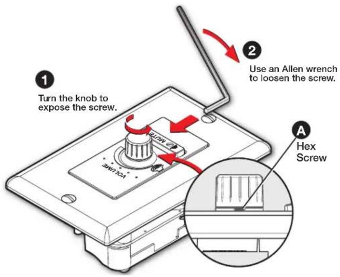 Turn the knob to expose the screw. Use an Allen wrench to loosen the screw. Hex Screw