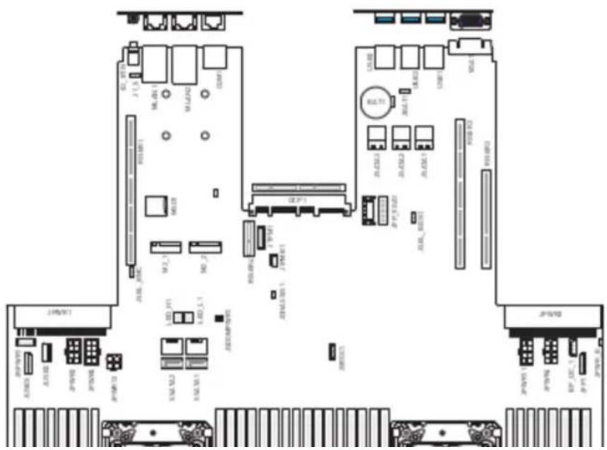 Technical diagram of an electronic device layout with labeled ports and connectors