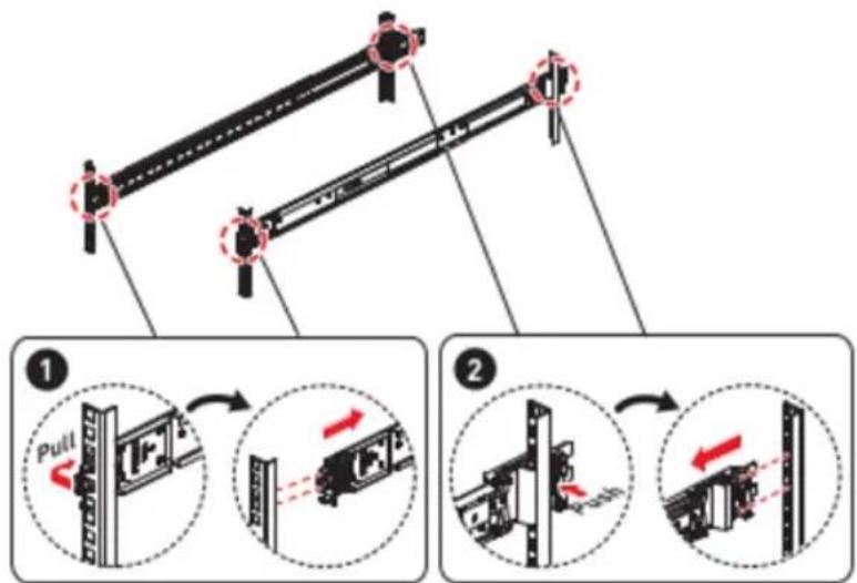Technical diagram illustrating mechanical assembly steps with labeled components and directional arrows indicating movement.