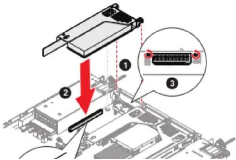 Diagram showing a device with labeled components and a red downward arrow indicating a process or operation, including a magnified inset of the connector.