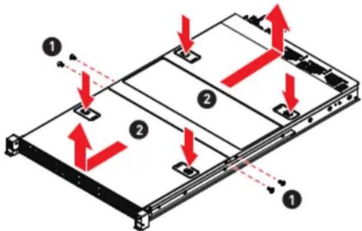 Diagram showing server rack with labeled components and red directional arrows indicating movement or force directions.