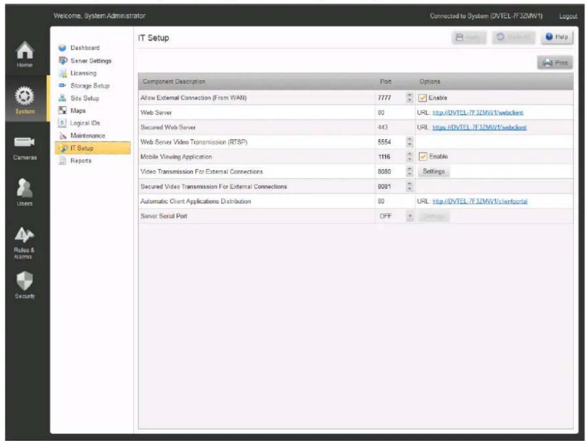Welcome, System Administrator Connected to System (DVTEL-7F32MW1) Logout Home Dashboard Server Settings Licensing Storage Setup Site Setup Maps Logical IDs Maintenance IT Setup Reports IT Setup Component Description Port Options Allow External Connection (From WAN) 7777 Enable Web Server 80 URL: http://DVTEL-7F32MW1/webclient Secured Web Server 443 URL: https://DVTEL-7F32MW1/webclient Web Server Video Transmission (RTSP) 5554 Mobile Viewing Application 1116 Enable Video Transmission For External Connections 8080 Settings Secured Video Transmission For External Connections 8081 Automatic Client Applications Distribution 80 URL: http://DVTEL-7F32MW1/clientportal Server Serial Port OFF Control