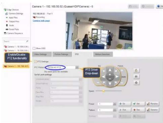 Camera 1 - 192.168.50.52 (QuasselHDIPCamera) - 6 192.168.50.52 - Part 1 Recording Camera.mdb.pags Show GPS2 Video Settings Picture Settings PTZ Rotation Detection PTZ Settings PTZ Platten: CN/Tel HDI PTZ No serial ports are available Serial port settings On: Pition Reset Speed: Pixel: 1 On Set Rotate Pattern: 1 Run Rec Rotate