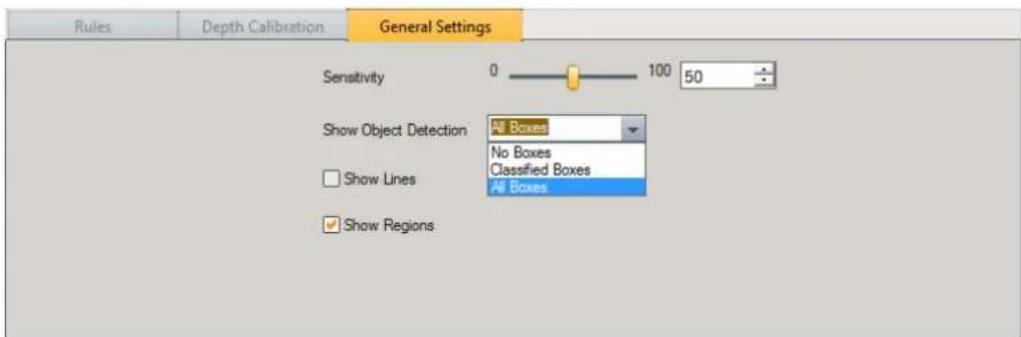 Rules Depth Calibration General Settings Sensitivity 0 100 50 Show Object Detection All Boxes No Boxes Classified Boxes All Boxes Show Lines Show Regions